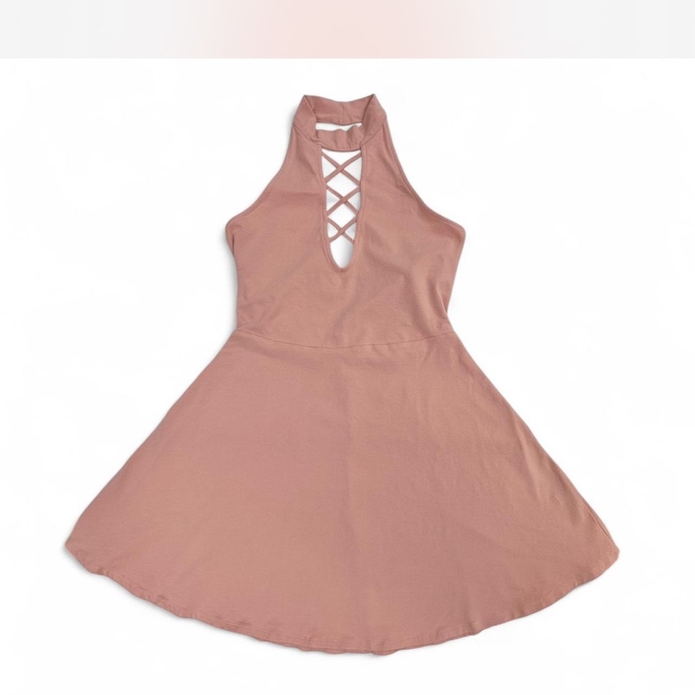 Express Pink Backless Halter Dress criss cross plunging V neck Circle skirt - Picture 8 of 8